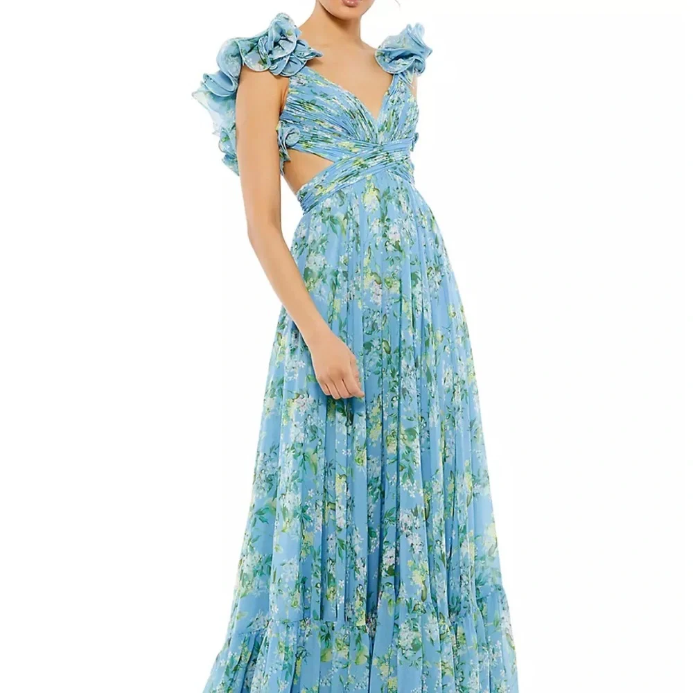 Mac Duggal Indy A-Line Ruffled Back-Lace Chiffon Floral Blue Gown Dress size 6 - Picture 1 of 2